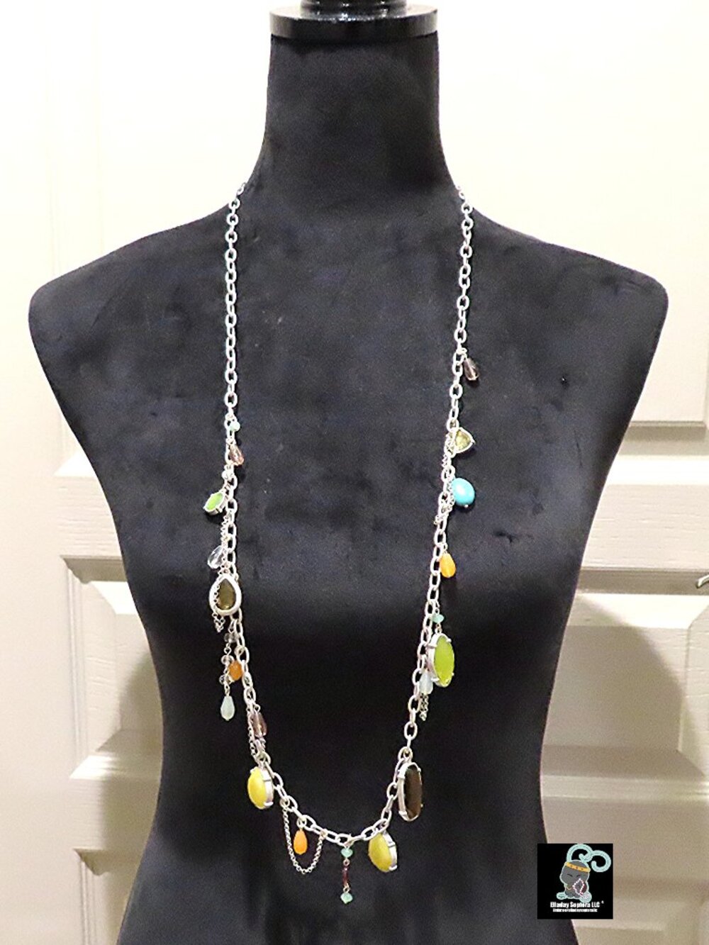 Vintage Colorful Lia Sophia 39" Long Brush Matte Silver Tone Necklace
